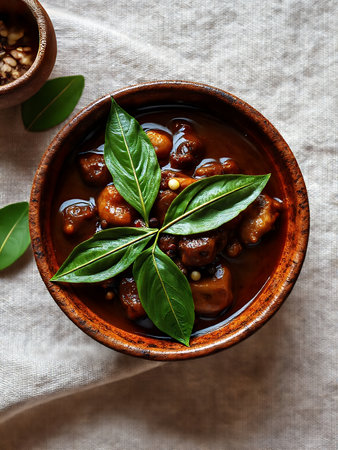 an image of a bowl of stew with a leaf in it.の素材