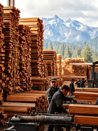 an image of a group of men working on a pile of wood.の素材