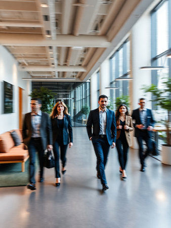 an image of a group of people walking down a hallway.の素材