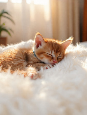 an image of a small kitten sleeping on a fluffy white blanket.の素材