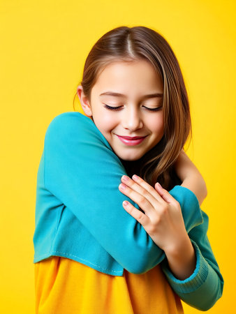 an image of a young girl hugging her mother on a yellow background.の素材