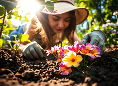 an image of a woman is planting flowers in the garden, woman in a hat and gloves planting flowers in the gardenの素材
