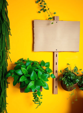 an image of a wooden sign and some plants on a yellow wall, there are two plants that are hanging on a wallの素材