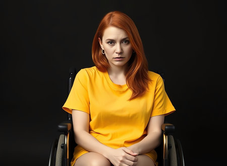an image of a woman in a wheelchair with a yellow shirt, woman in a yellow dress sitting in a wheelchairの素材
