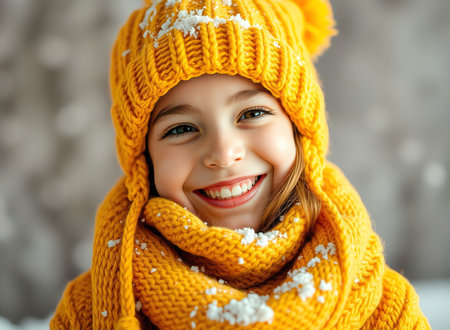 an image of a little girl wearing a yellow hat and scarf, smiling child wearing a yellow knitted hat and scarfの素材