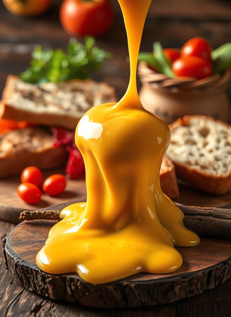an image of a cheese dip being poured over a wooden board, a close up of a cheese drizzle being poured over a wooden boardの素材