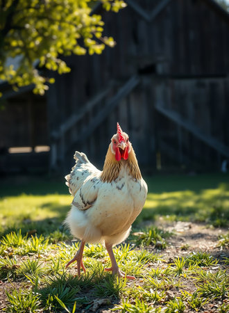 an image of a chicken standing in the grass near a barn, there is a chicken standing in the grass near a barnの素材