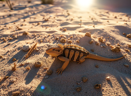 an image of a lizard on a sandy beach with a sun in the background, there is a lizard that is sitting on the sandの素材