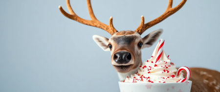 an image of a deer with antlers on its head and a cup of coffee, reindeer with antlers and candy canes in a cup with whipped creamの素材
