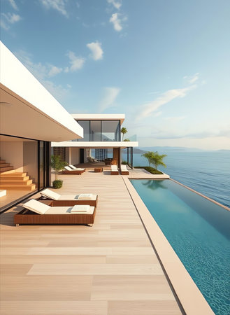 3d rendering of modern house with pool and sea view from terraceの素材