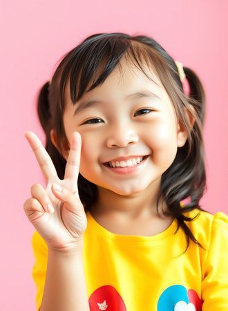 an image of a little girl making a peace sign with her hand, there is a little girl that is making a peace signの素材