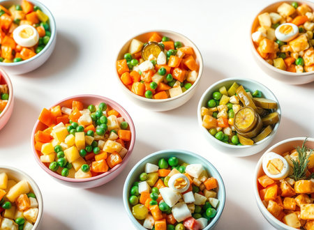 an image of a table with bowls of different types of food, a close up of a table with bowls of food on itの素材