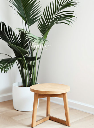 an image of a wooden stool sitting next to a potted plant, there is a small wooden stool sitting next to a potted plantの素材
