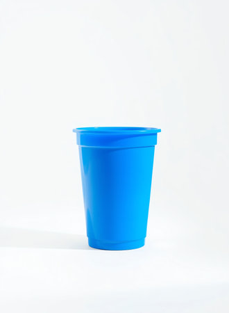 an image of a blue plastic cup sitting on a white surface, there is a blue cup sitting on a white surfaceの素材