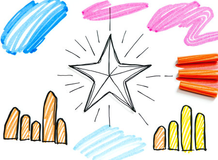 an image of a drawing of a star surrounded by colored pencils, a close up of a drawing of a star surrounded by colored pencilsの素材