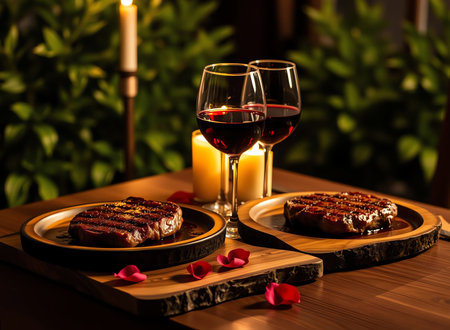 an image of a table with two plates of steak and a glass of wine, there are two plates of steak and a glass of wine on a tableの素材