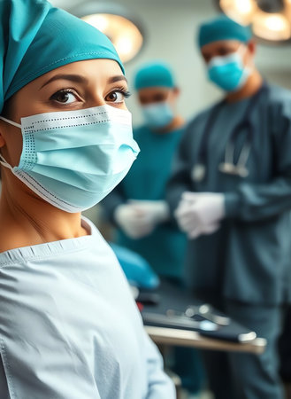 an image of a woman wearing a surgical mask in a hospital, doctors in scrubs and masks are standing in a hospitalの素材