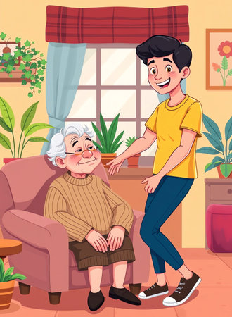 Grandmother and grandson spend time together at home. Vector cartoon illustrationの素材