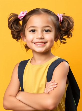 an image of a little girl with a backpack and a backpack, little girl with a backpack and a smile on her faceの素材