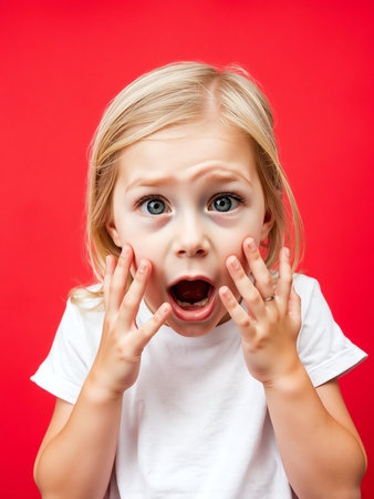 an image of a little girl with her hands on her face, blond girl with open mouth and hands on red backgroundの素材