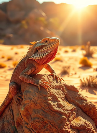 an image of a lizard sitting on a rock in the desert, lizard sitting on a rock in the desert with the sun settingの素材