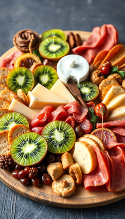 an image of a platter of fruit and cheese with a dip, there is a platter of fruit and cheeses with a dipperの素材