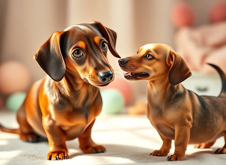 Cute dachshund puppies on blurred background, closeupの素材