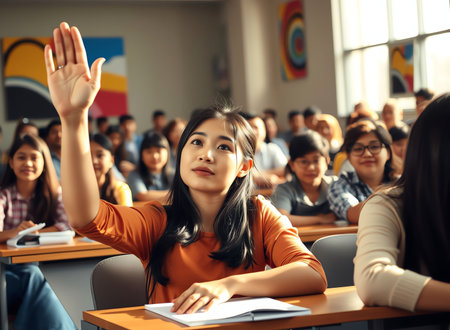 Asian female teacher raising hand to answer question during lesson at university classroomの素材