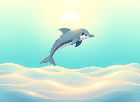 an image of a dolphin jumping out of the water, dolphin jumping in the air over the ocean with sun in the backgroundの素材