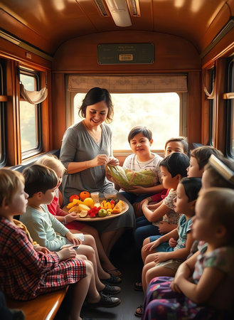 an image of a woman serving a meal to a group of children, there are many children sitting on a train with a womanの素材