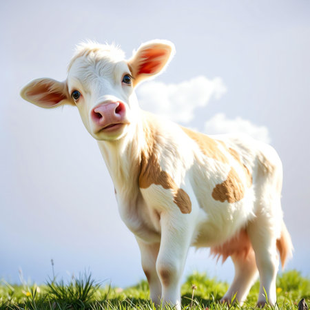 an image of a cow standing on a lush green field, there is a cow standing on a grassy hill with a sky backgroundの素材