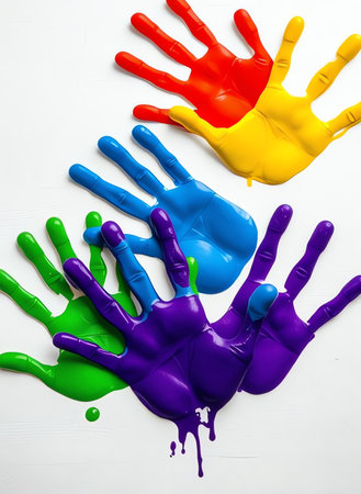 an image of a group of colorful painted hands on a white surface, there are many different colored hands painted in a circleの素材