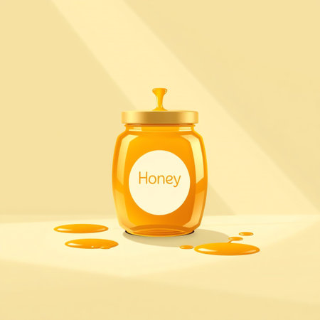 Honey jar with drops on a beige background. Vector illustrationの素材