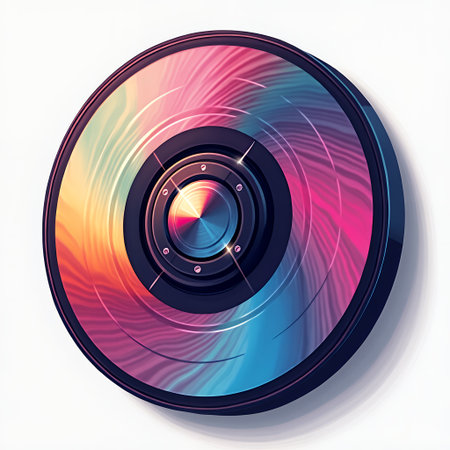 an illustration of a camera lens with a colorful swirl pattern, there is a colorful camera lens on a white surfaceの素材
