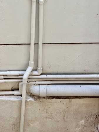 Close-up view of a complex network of white utility pipes and fittings running on a textured,...