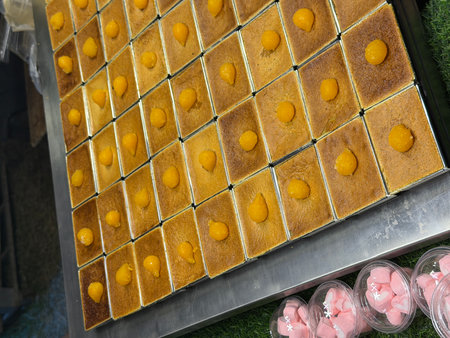 Rows of traditional Thai sweet cakes, possibly Khanom Maw Gaeng, topped with golden egg yolk dessert...