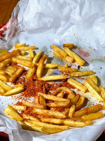 Close-up of crispy golden French fries generously coated with vibrant red spice seasoning, served...