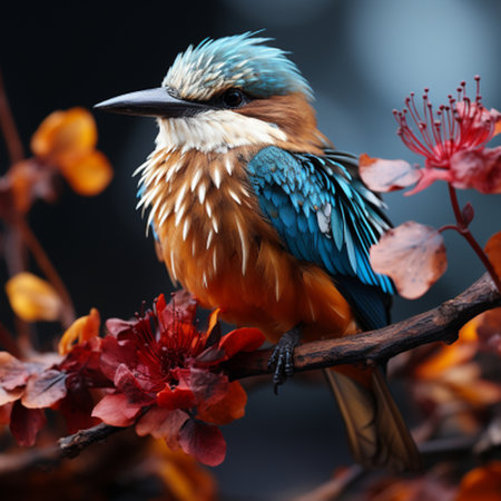 Beautiful colorful bird sitting on a branch of a tree with flowersの素材
