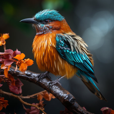 Beautiful colorful bird sitting on a branch with flowers in the backgroundの素材