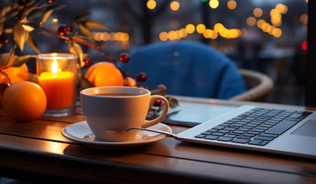 Cup of coffee and laptop on wooden table in cafe at nightの素材