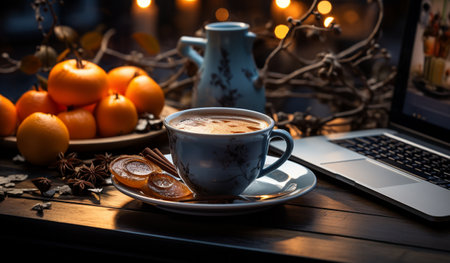 Cup of coffee with milk and fresh tangerines on wooden tableの素材