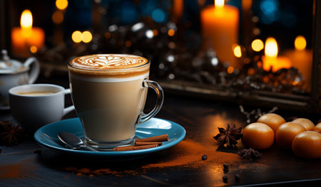 Cappuccino coffee with cinnamon and star anise on wooden tableの素材