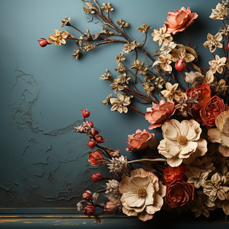 Dried flowers on a blue background. Vintage style toned pictureの素材