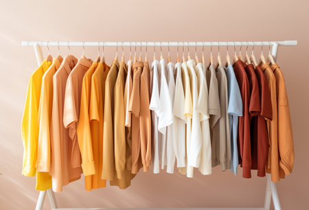 Rack with different clothes on color wall background. Clothes shopの素材