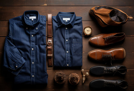 Men's clothing and accessories on a wooden background. Top view.の素材