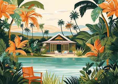 Illustration of summer landscape with palm trees, swimming pool and bungalows.の素材
