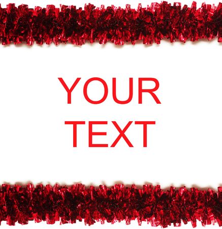 Red tinsel frame isolated on white background with place for text (easy to remove)の写真素材
