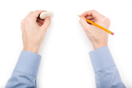 Man holding pencil and eraser with blank space for text or drawing