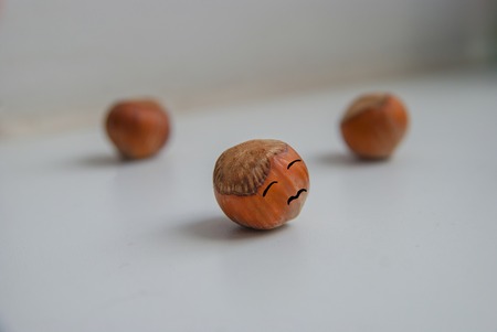 A Sad Face of Hazelnut. Creative situation. Nut in focus.の写真素材