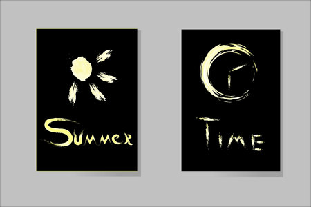 Watercolor Vector Template for your design. Summer time style. Sun and clock illustration on a black background.のイラスト素材
